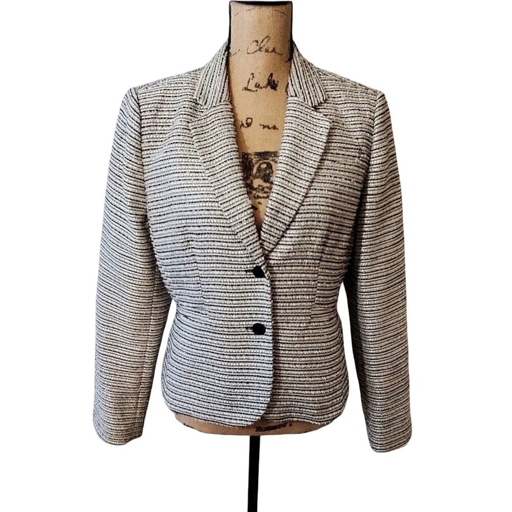 Calvin Klein Tweed Striped Tweed Blazer Jacket Metallic Gold Black White Size 10